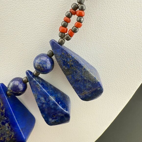Lapis Lazuli & Coral Beaded Necklace With Hook Clasp 20" Statement Bib Jewelry H - Picture 2 of 11